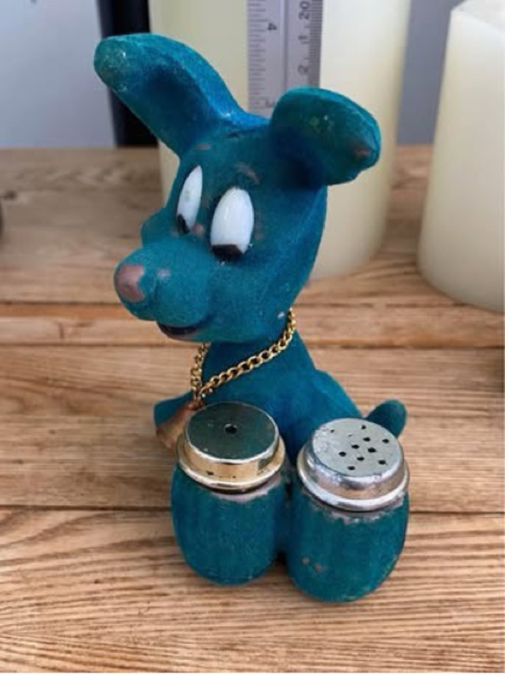 Vintage Flocked Blue Dog Salt Pepper Shakers Gold Chain Bell Collar Caddy